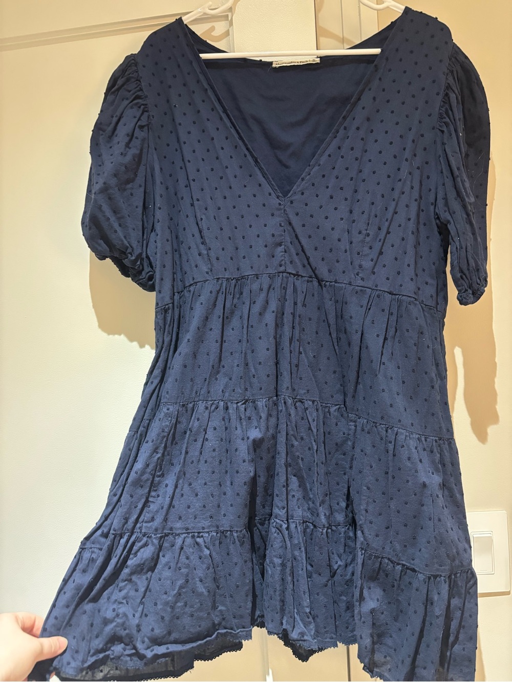 Abercrombie & Fitch Navy Blue Textured V-Neck Tiered Mini Dress